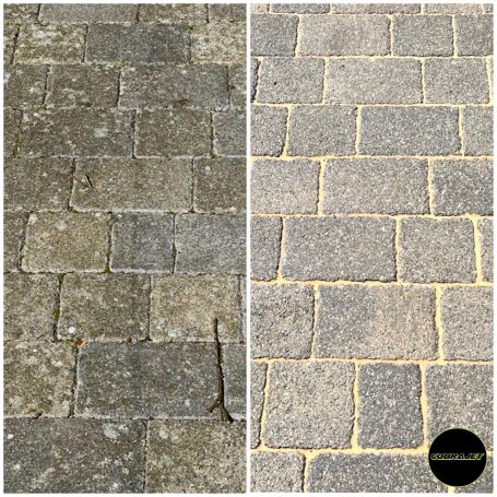 Before and after comparison of cleaned cobblestone paving in Weymouth Dorset