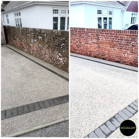Side by side image of resin driveway cleaning in Weymouth Dorset
