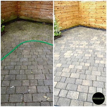 Before and after image of patio cleaning in Weymouth Dorset